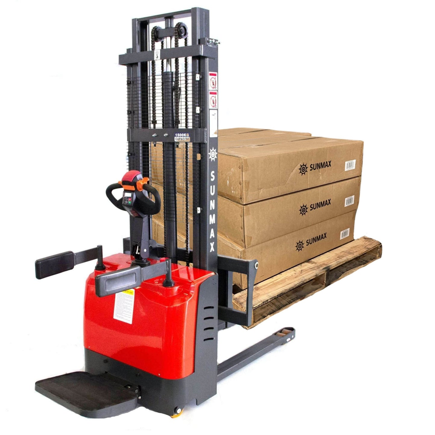 PS3300FE-3M Electric Pallet Stacker, 3300 lbs Capacity, 118″ Lifting Height, Work with Open-bottom Pallets - SUNMAX