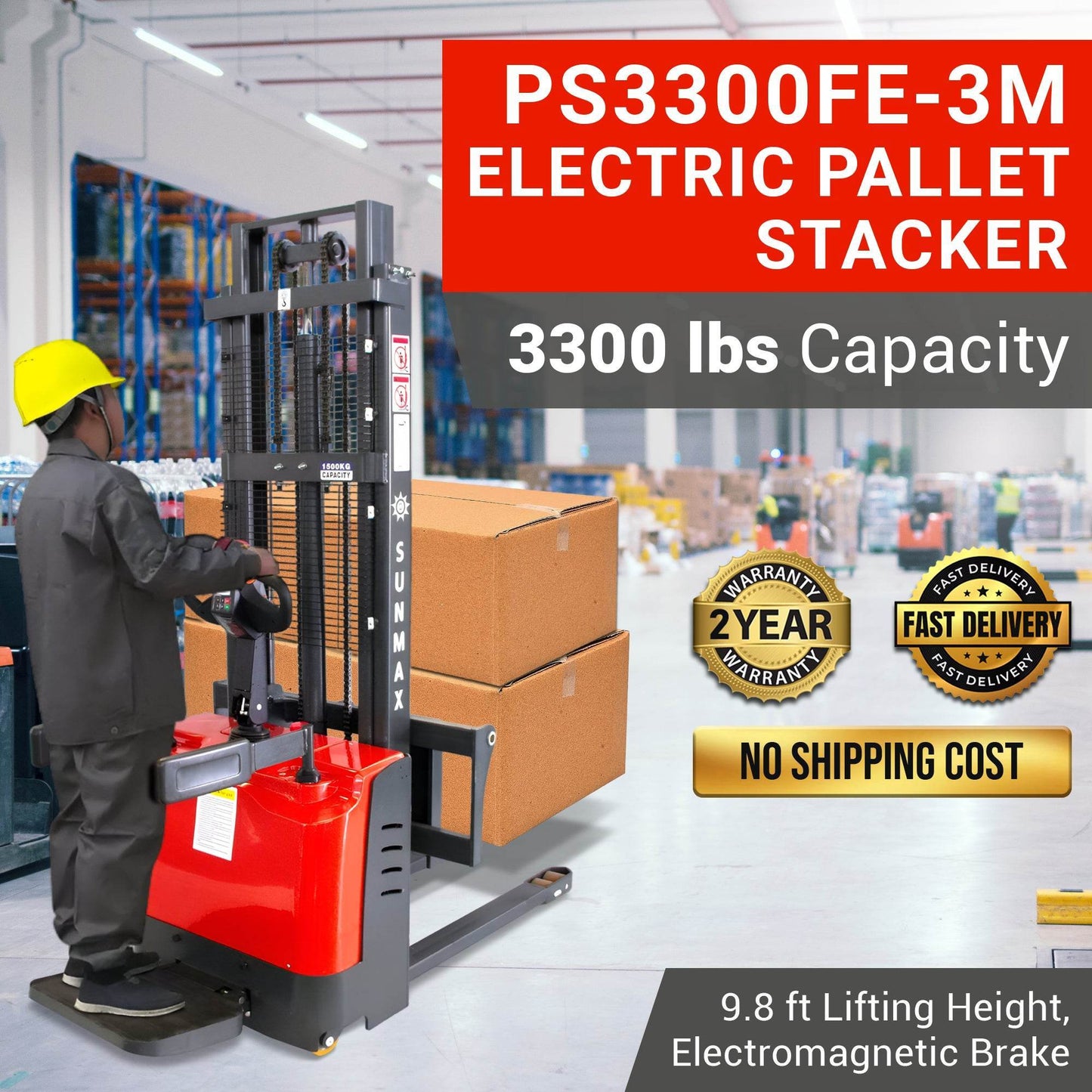 PS3300FE-3M Electric Pallet Stacker, 3300 lbs Capacity, 118″ Lifting Height, Work with Open-bottom Pallets - SUNMAX
