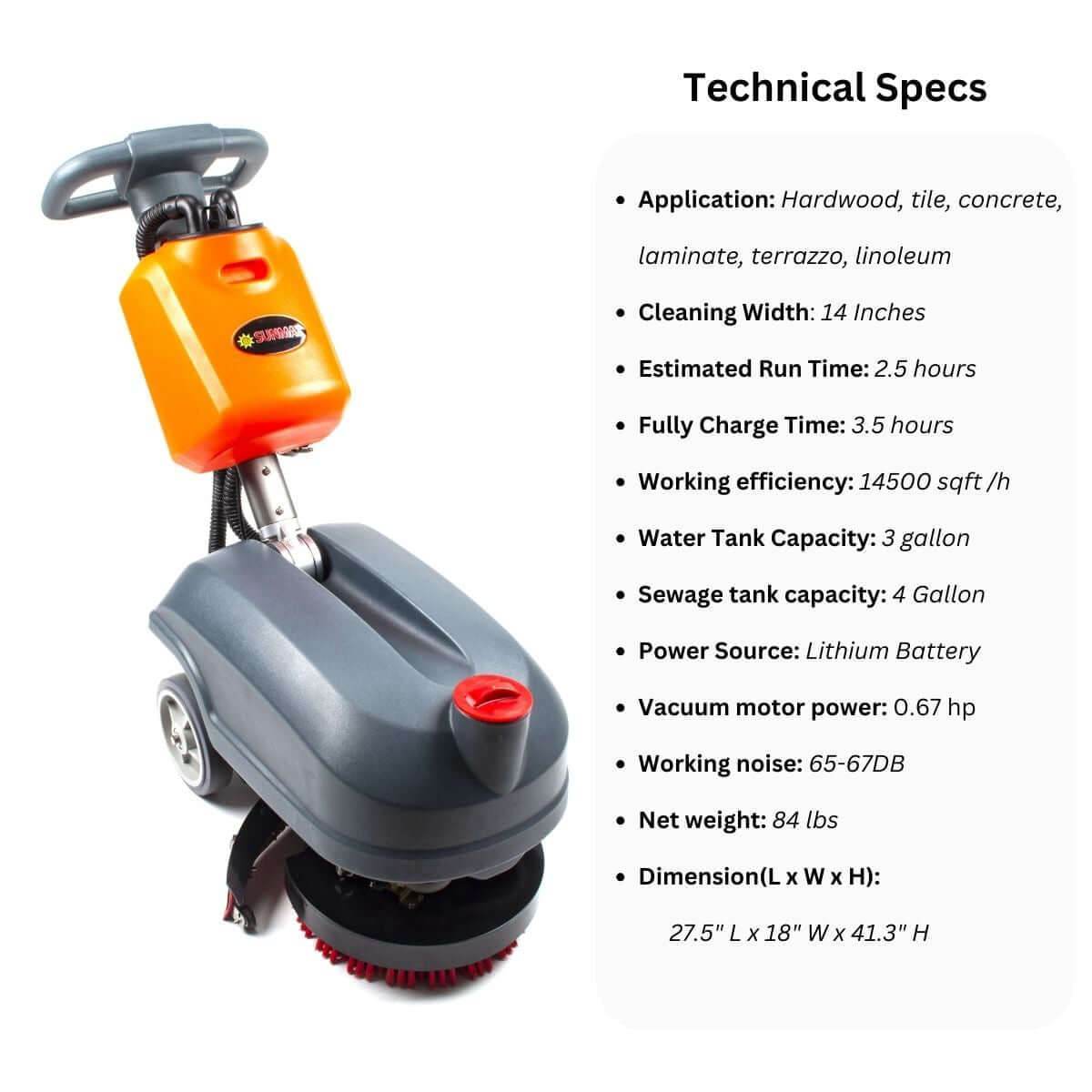 RT15+ 14" compact walk behind floor scrubber with lithium battery and 14-inch cleaning width for hardwood and tile floors