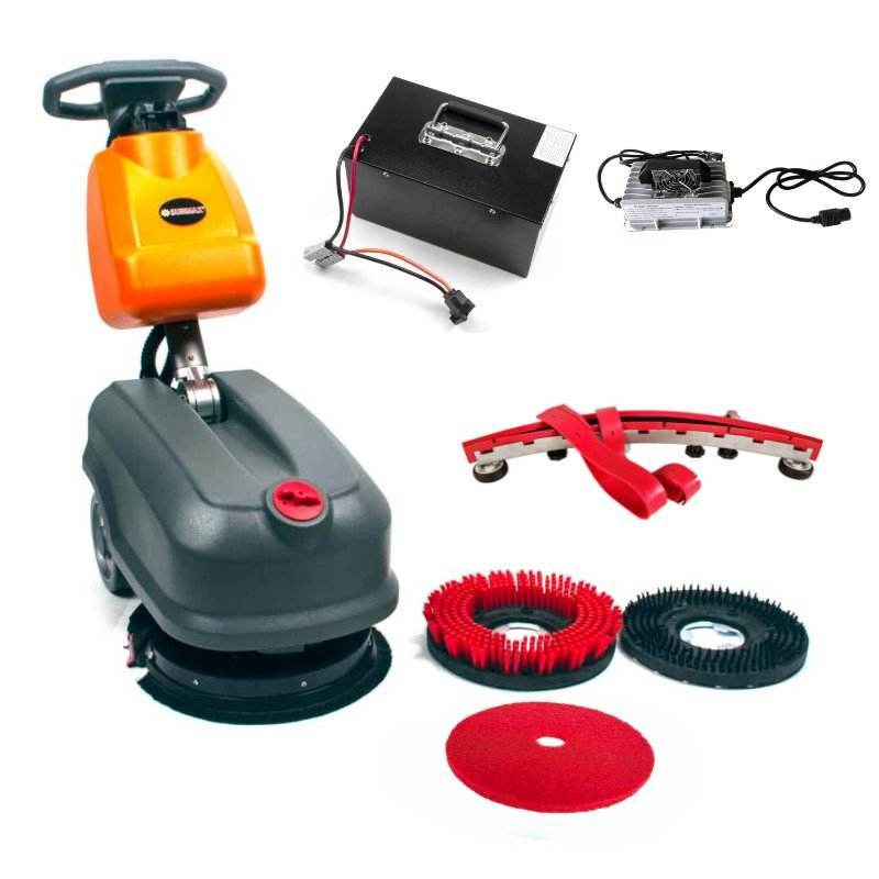 RT15+ 14" compact walk behind floor scrubber with heavy duty brush, lithium battery, charger, and cleaning pads for commercial use