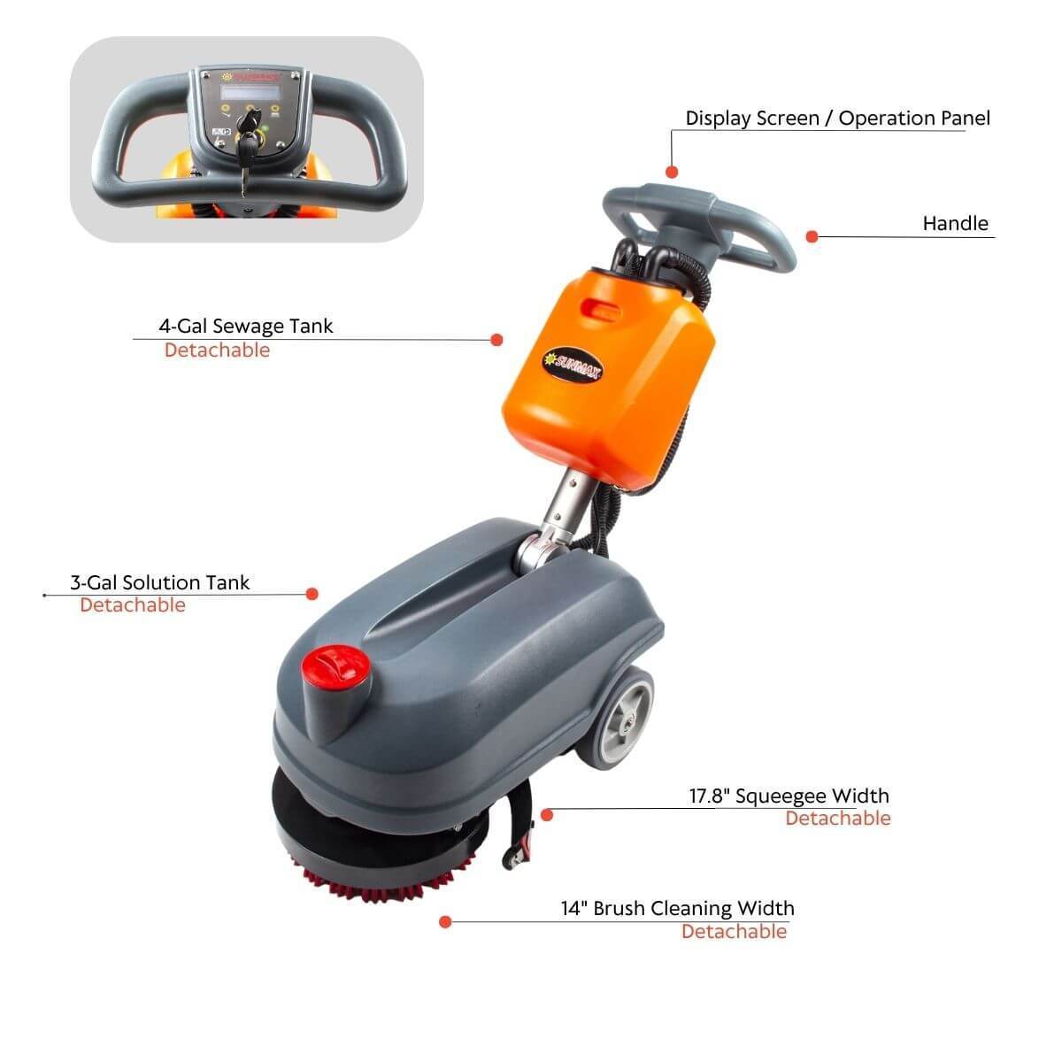 RT15+ 14 inch compact walk behind floor scrubber with lithium battery, detachable tanks, 14" brush cleaning width, and display screen panel