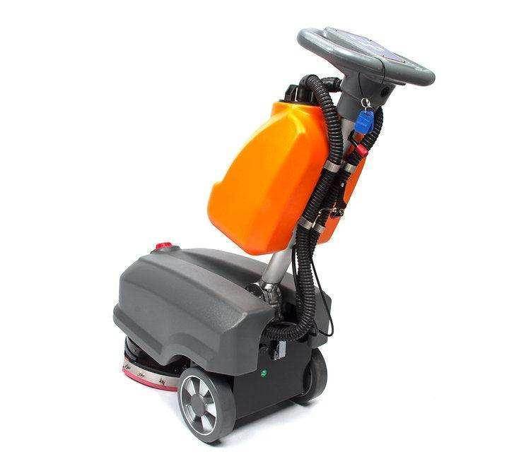 RT15 Battery Powered commercial floor scrubber machine with 14-inch brush and orange water tank.