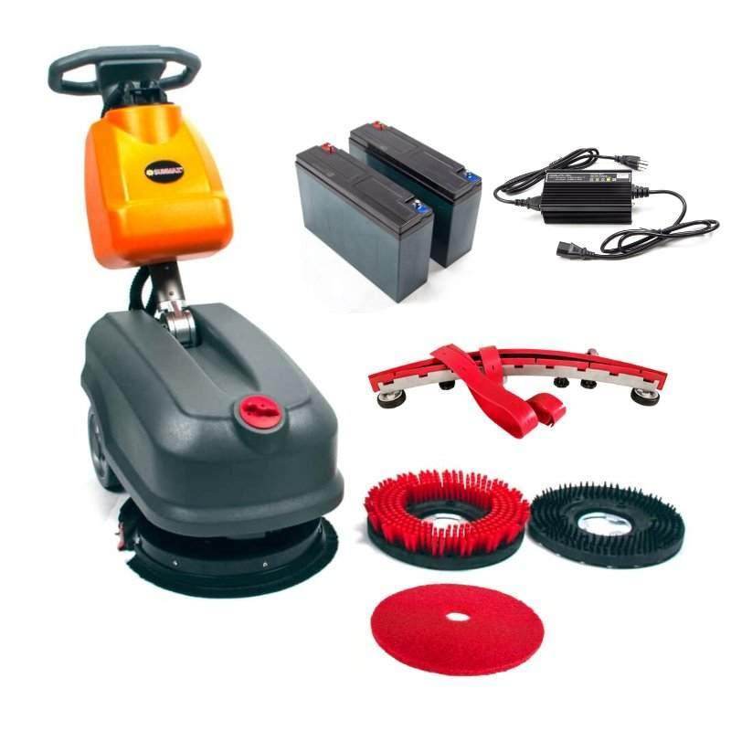 RT15 battery powered commercial floor scrubber machine with accessories including batteries, charger, squeegee, and scrubbing brushes