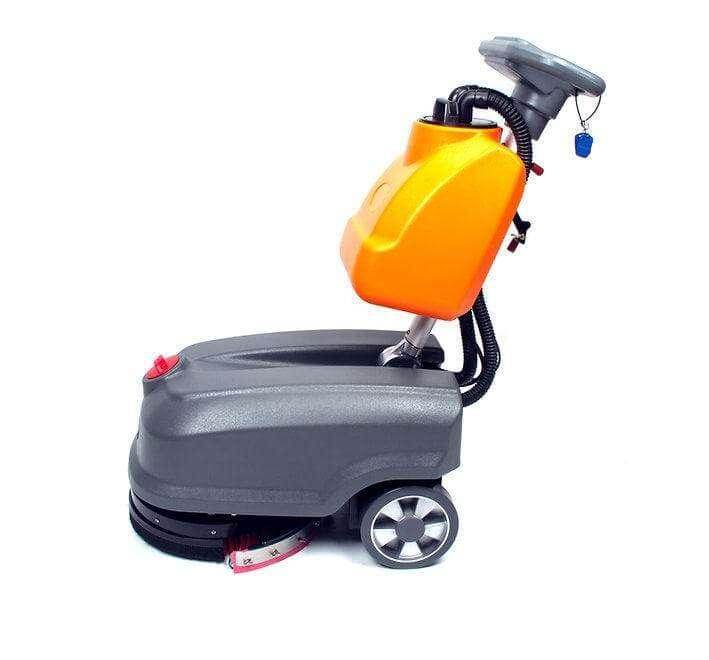 RT15 battery powered commercial floor scrubber machine with 14-inch brush and 18-inch squeegee cleaning width, compact design, and 4-gallon waste tank.