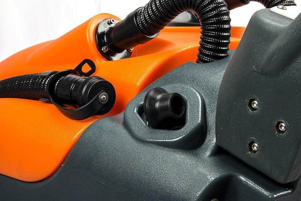 Close-up of the 22-inch brush scrubbing path component on the RT50+ battery-powered warehouse floor scrubber machine.