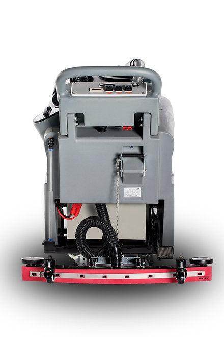 Front view of a 22-inch brush scrubbing path RT50+ lithium battery-powered floor scrubber machine for warehouse cleaning