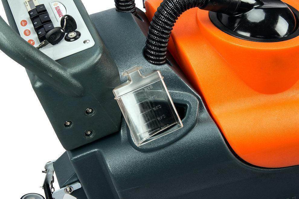 22-inch brush scrubbing path battery-powered floor scrubber with control panel and orange top for warehouse cleaning