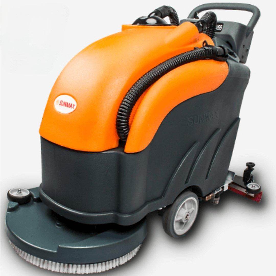 22-inch brush scrubbing path battery-powered floor scrubber machine with orange body and black base for warehouse cleaning