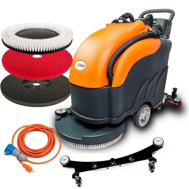 RT50AC Walk-behind commercial floor scrubber with 22-inch cleaning path and 22 ft power cord, including brushes and squeegee attachment