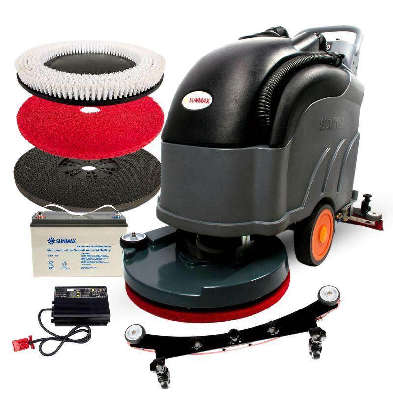 RT50D Self-Propelled Floor Scrubber with 22-inch cleaning width, accessories, and battery charger, designed for efficient commercial floor cleaning up to 36,000 sq ft/hour.