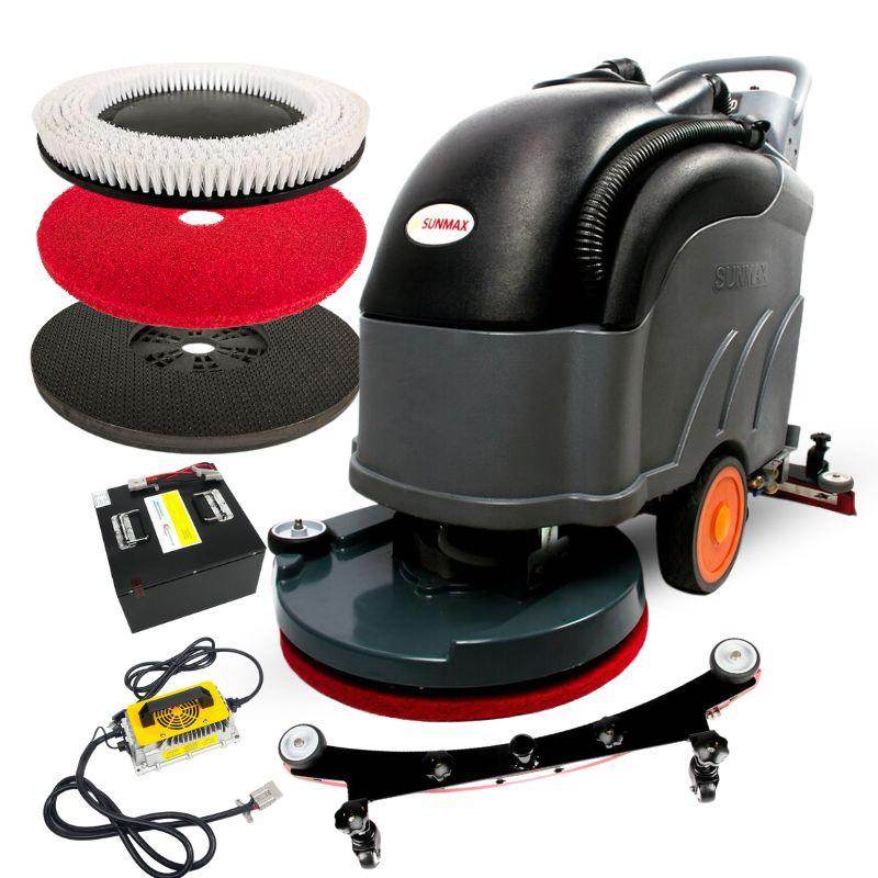 RT50D+ self-propelled battery powered floor scrubber dryer with 22-inch brush path and lithium battery pack with accessories