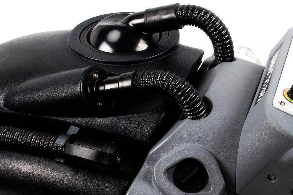 Close-up of RT50D+ self-propelled lithium battery powered floor scrubber dryer's black hoses and control panel.