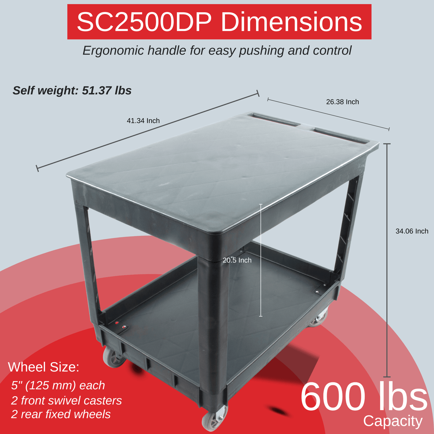 SC2500DP Heavy-Duty Utility Cart with Flat Top Shelf – 2-Tier Rolling Service Cart - SUNMAX