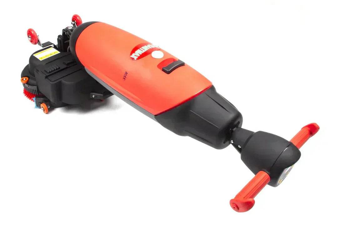 Cordless walk-behind automatic floor scrubber machine with 17-inch dual rotary brushes and rechargeable lithium battery for commercial cleaning.