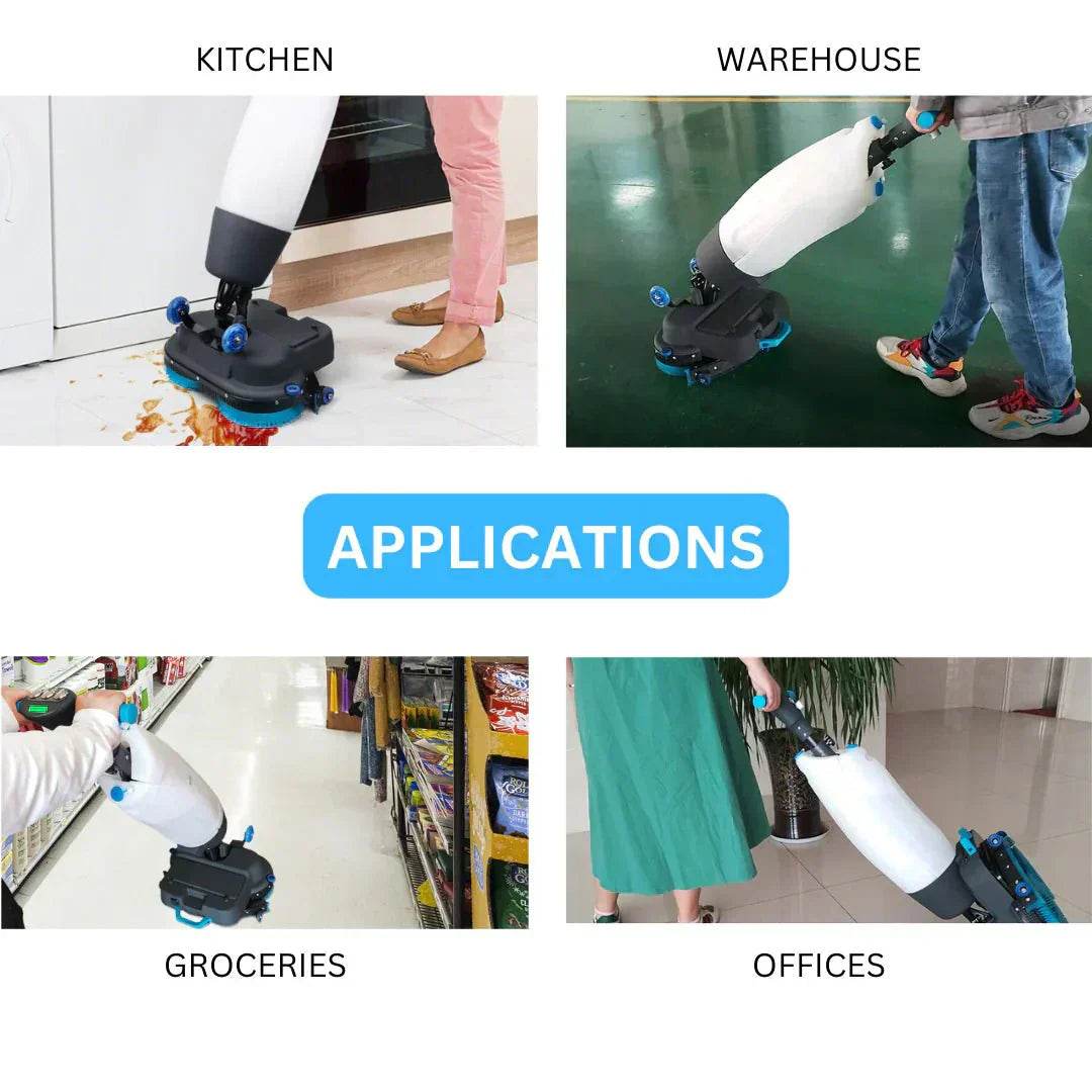 Walk-behind automatic floor scrubber machine cleaning floors in kitchen, warehouse, groceries, and office settings.