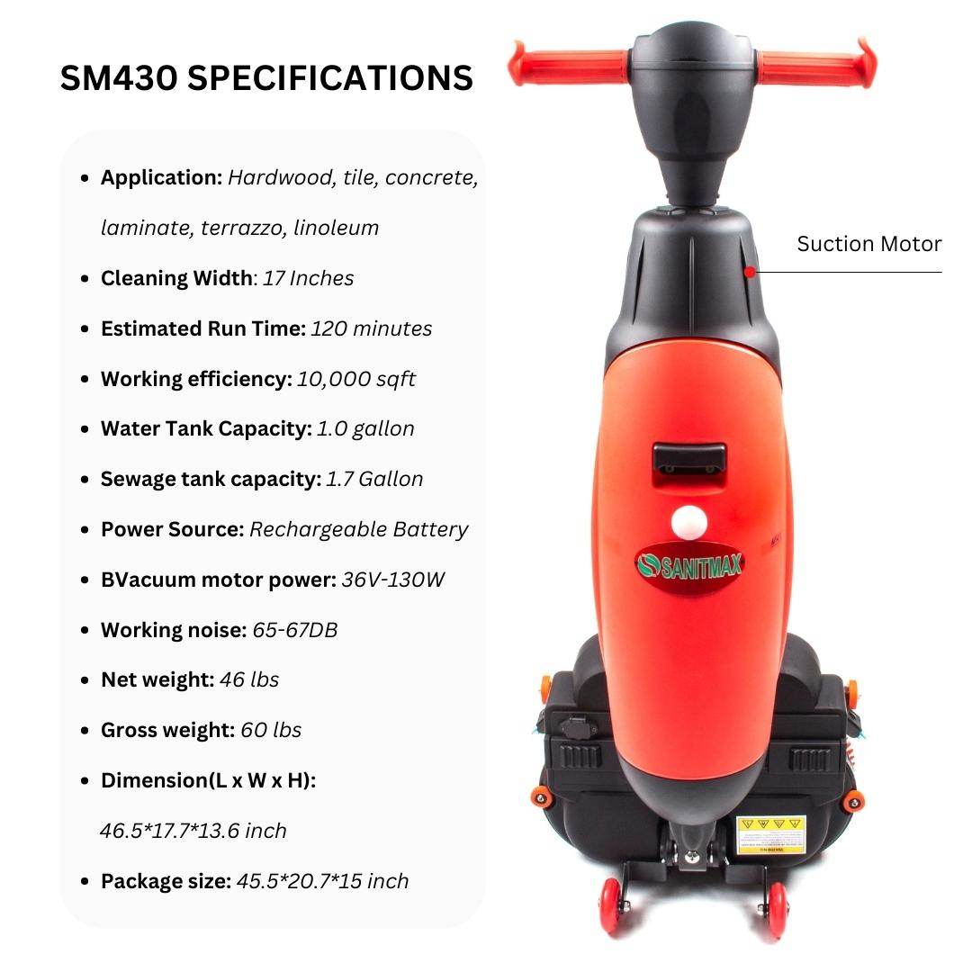 Orange and black 17-inch walk-behind automatic floor scrubber machine with ergonomic handle and rechargeable battery, designed for cleaning hardwood, tile, concrete, and vinyl surfaces.