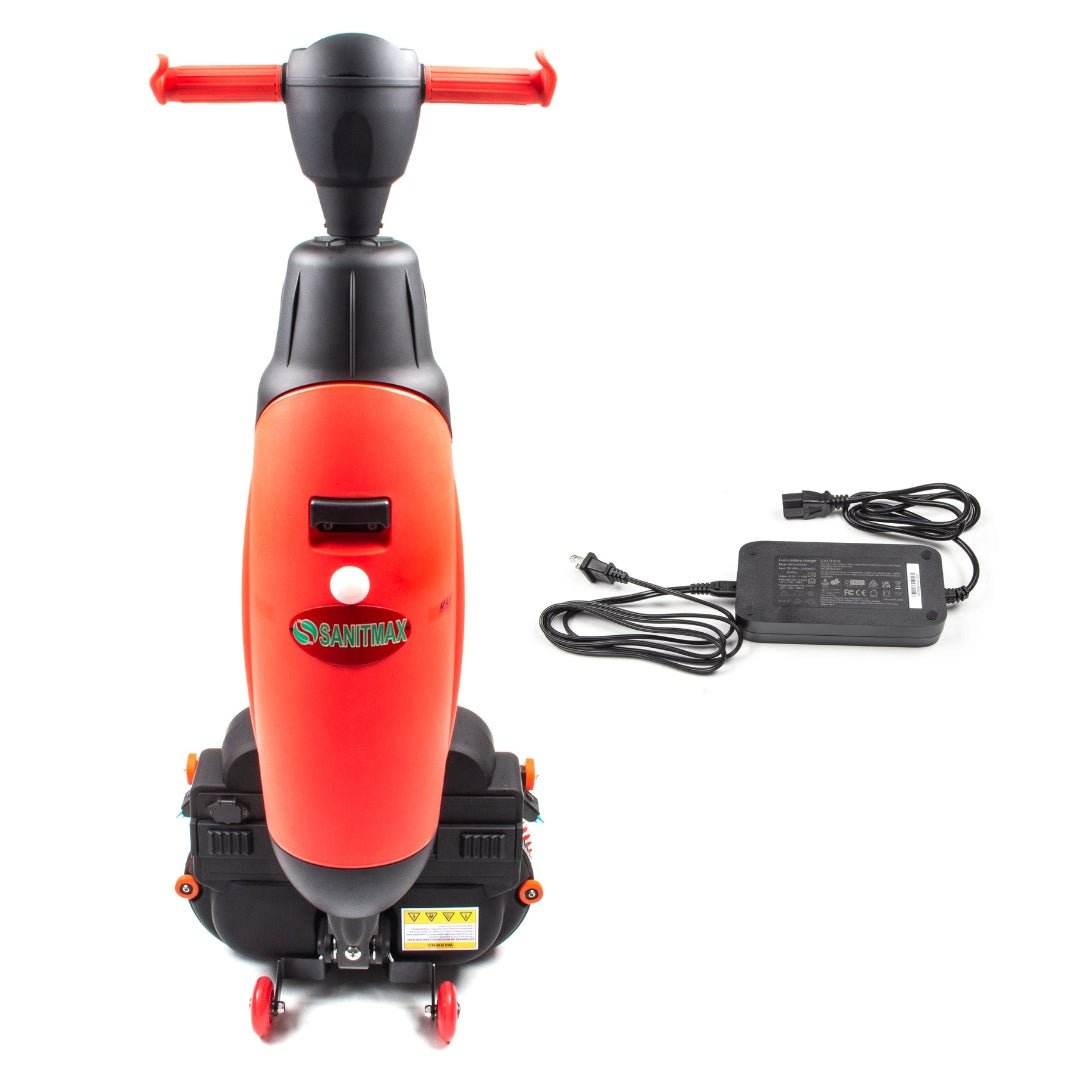 Red and black 17-inch walk-behind automatic floor scrubber with cordless rechargeable lithium battery and charger on white background