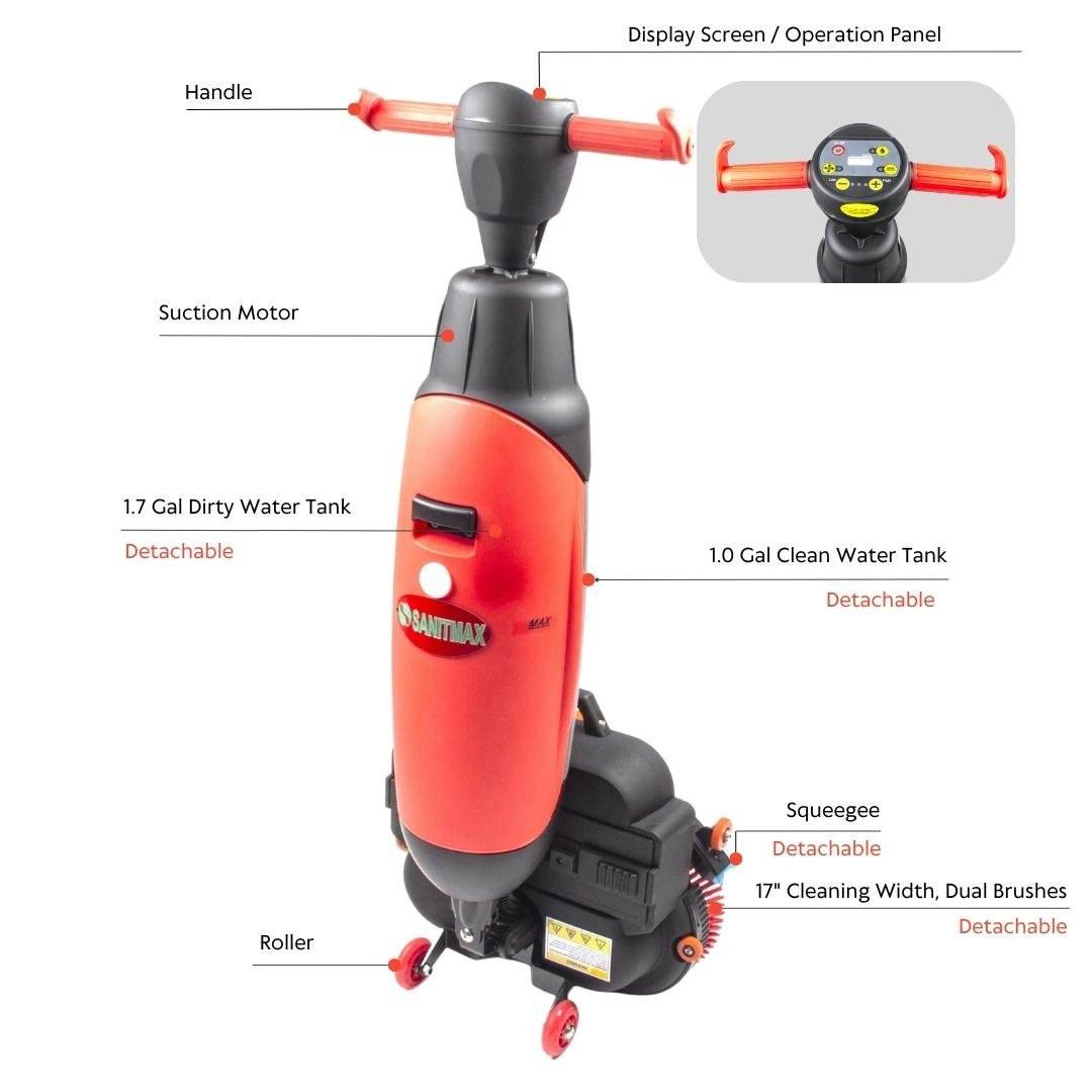 Walk-behind automatic floor scrubber machine with 17-inch dual brushes, rechargeable lithium battery, detachable water tanks, and 360-degree rotating head.