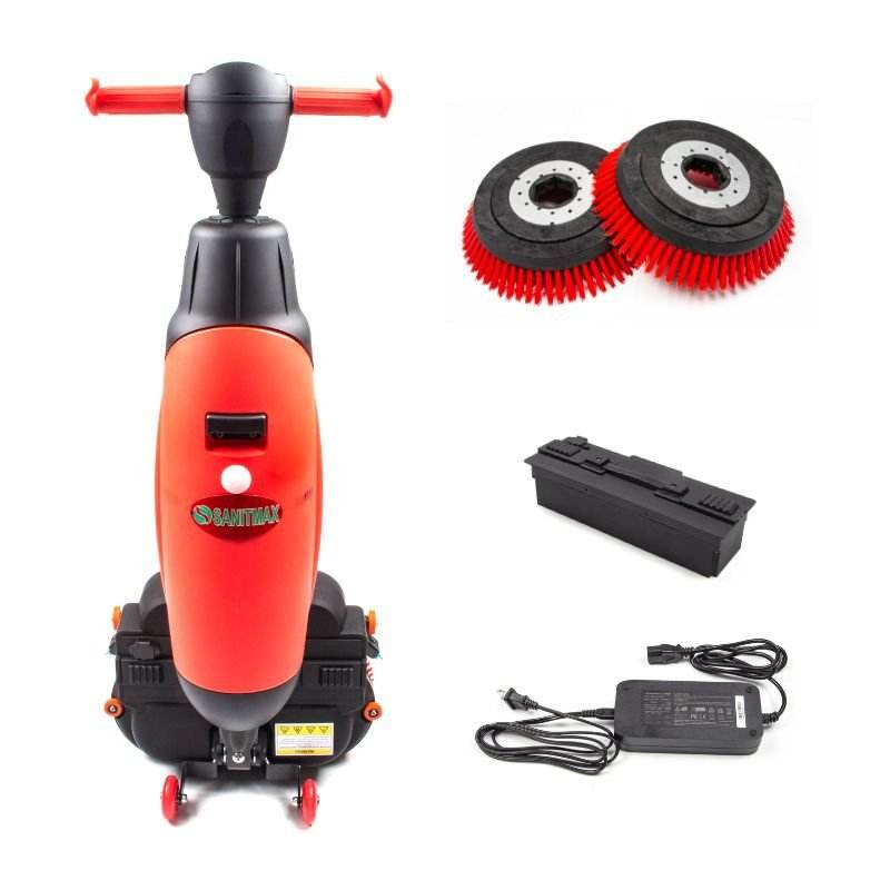 Cordless 17-inch walk-behind automatic floor scrubber with 360-degree rotating head and rechargeable lithium battery, including dual rotary brushes and charger.