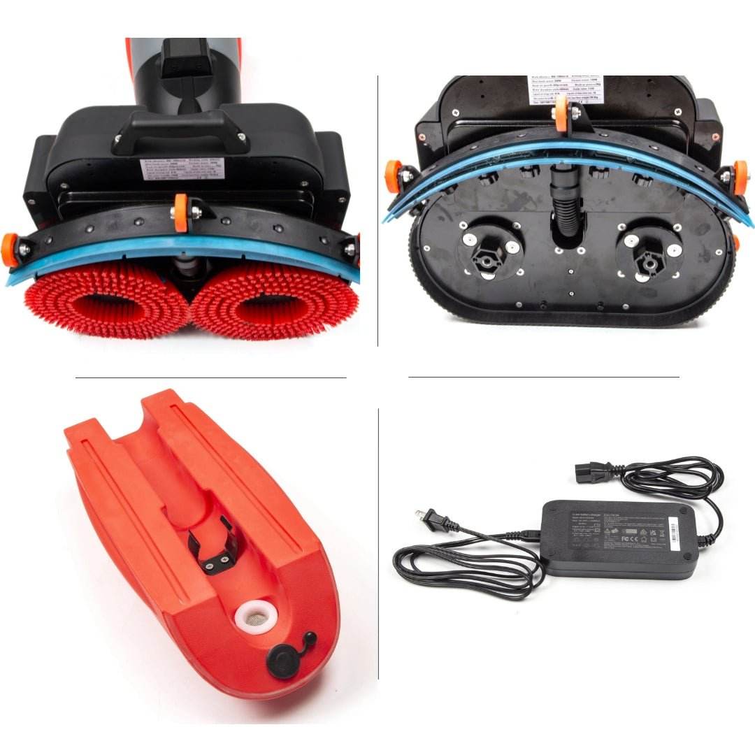 Walk-behind automatic floor scrubber with dual rotary brushes, rechargeable lithium battery, and compact design for efficient commercial cleaning.