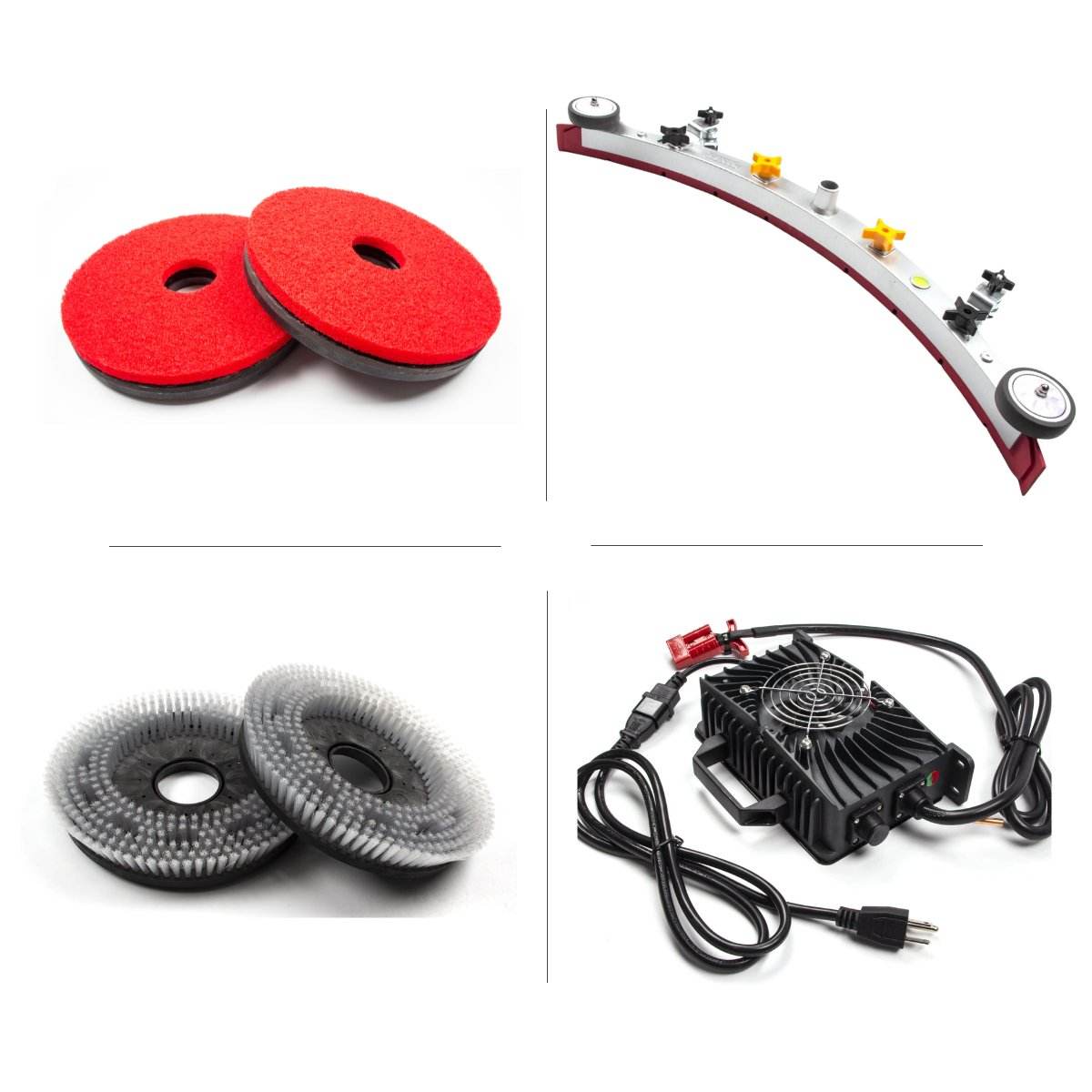 Replacement parts and accessories for SM860 34" Ride-On Floor Scrubber including red and gray scrub brushes, curved squeegee blade, and power charger cord