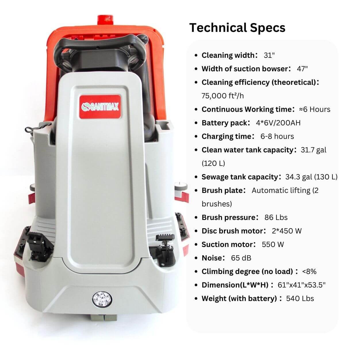 SANITMAX SM860 34-inch ride-on floor scrubber dryer machine with ergonomic design and large water tanks for industrial cleaning.