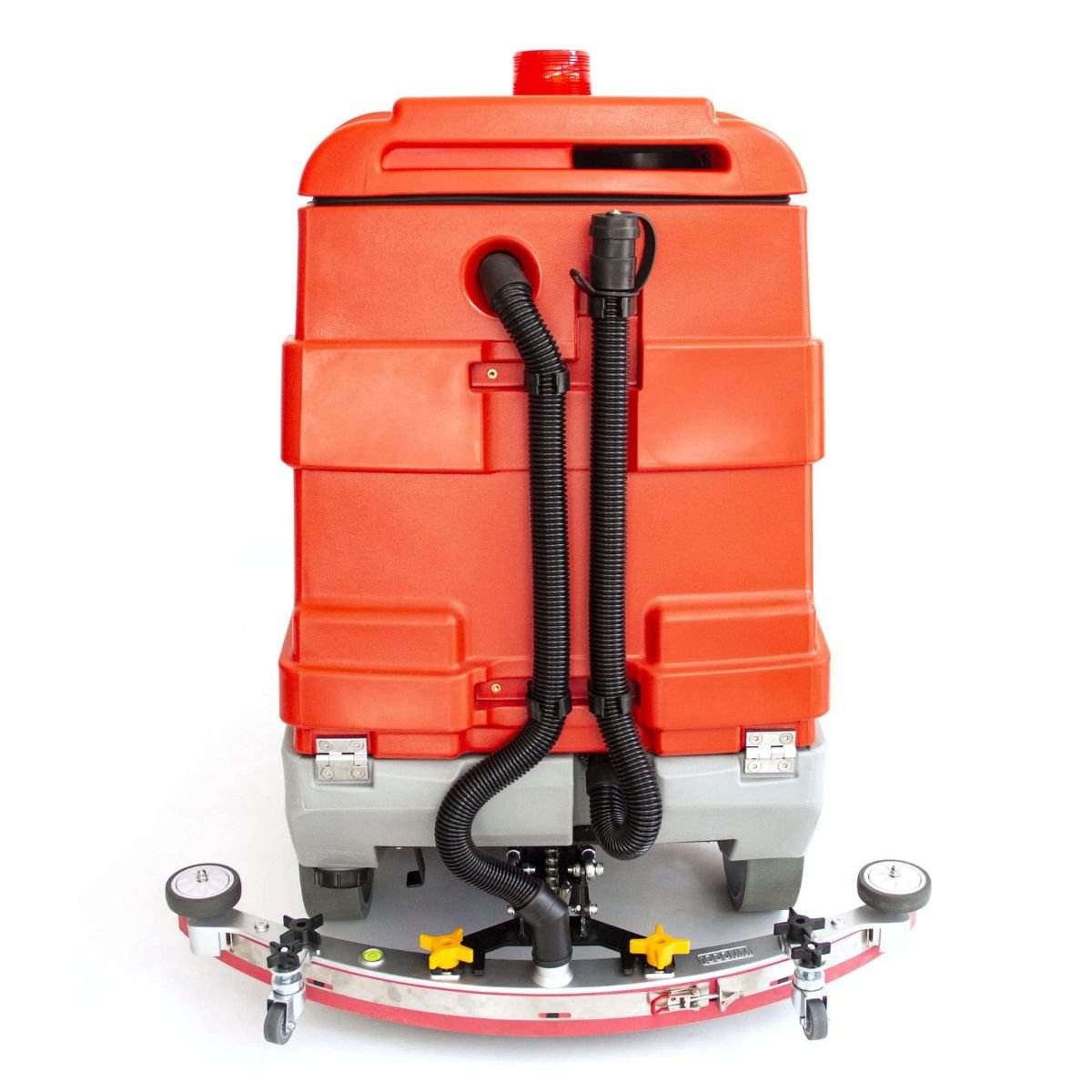 Front view of SM860 34" Ride-On Floor Scrubber Dryer Machine in red and gray with hose attachments