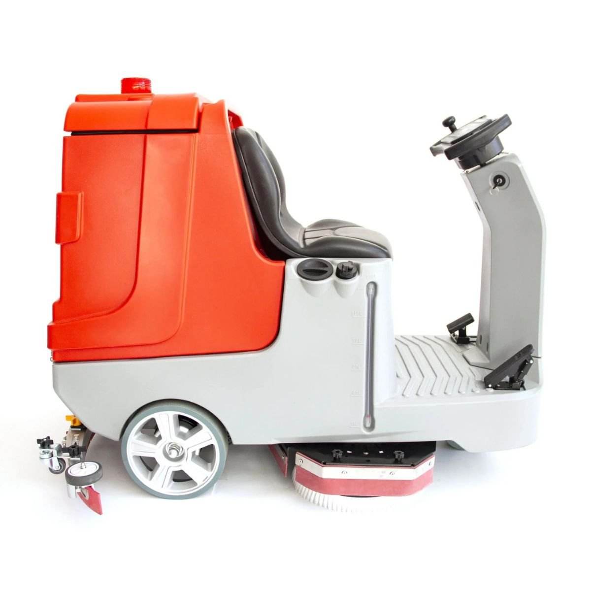 SM860 34" Ride-On Floor Scrubber Dryer Machine in red and gray with ergonomic seat and steering wheel for industrial floor cleaning.