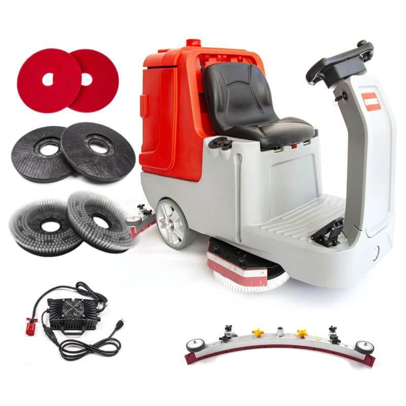 SM860 34 inch ride-on floor scrubber dryer machine with ergonomic seat and cleaning accessories