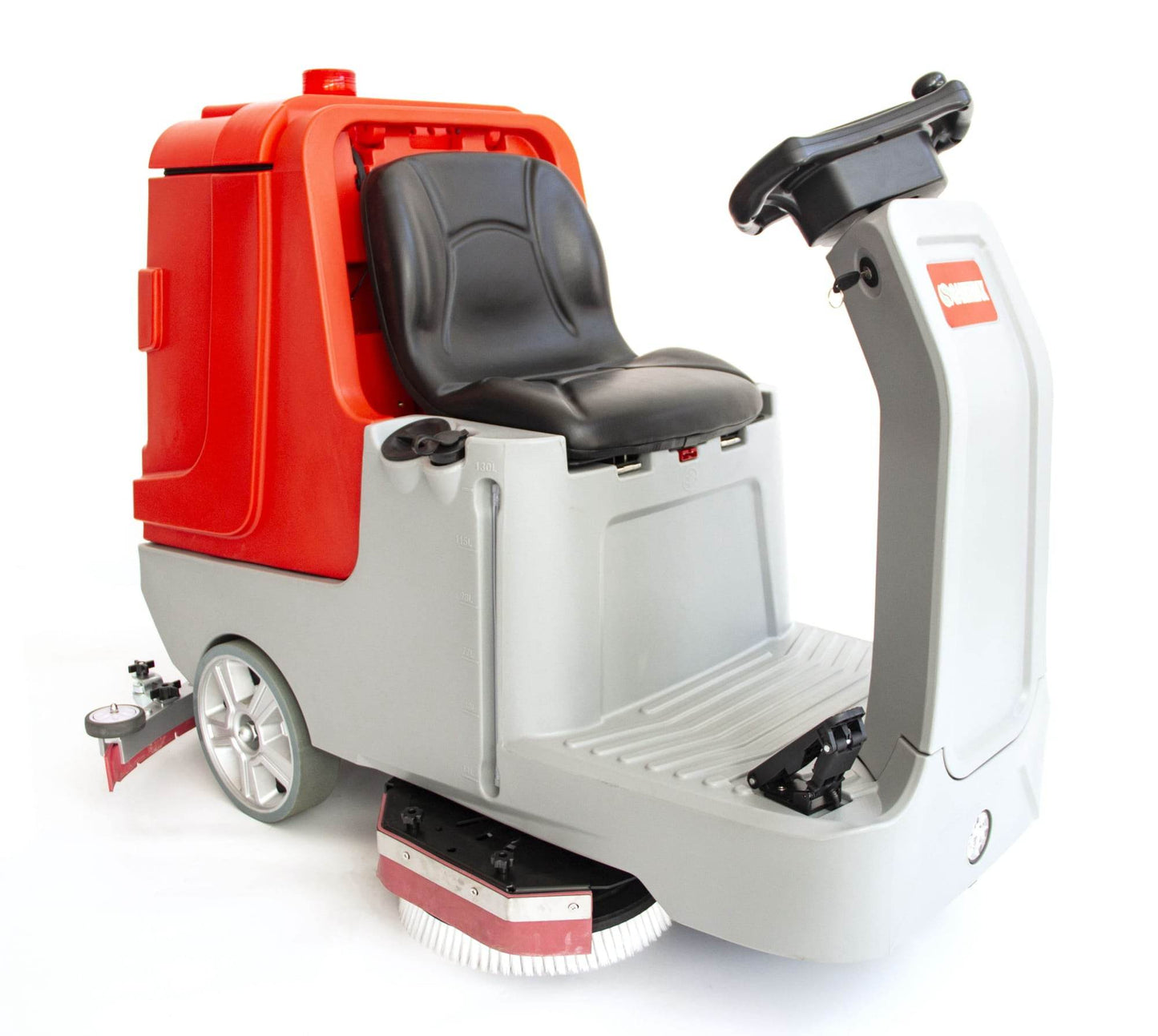 SM860 34" ride-on floor scrubber dryer machine with ergonomic seat and large recovery tank for industrial cleaning