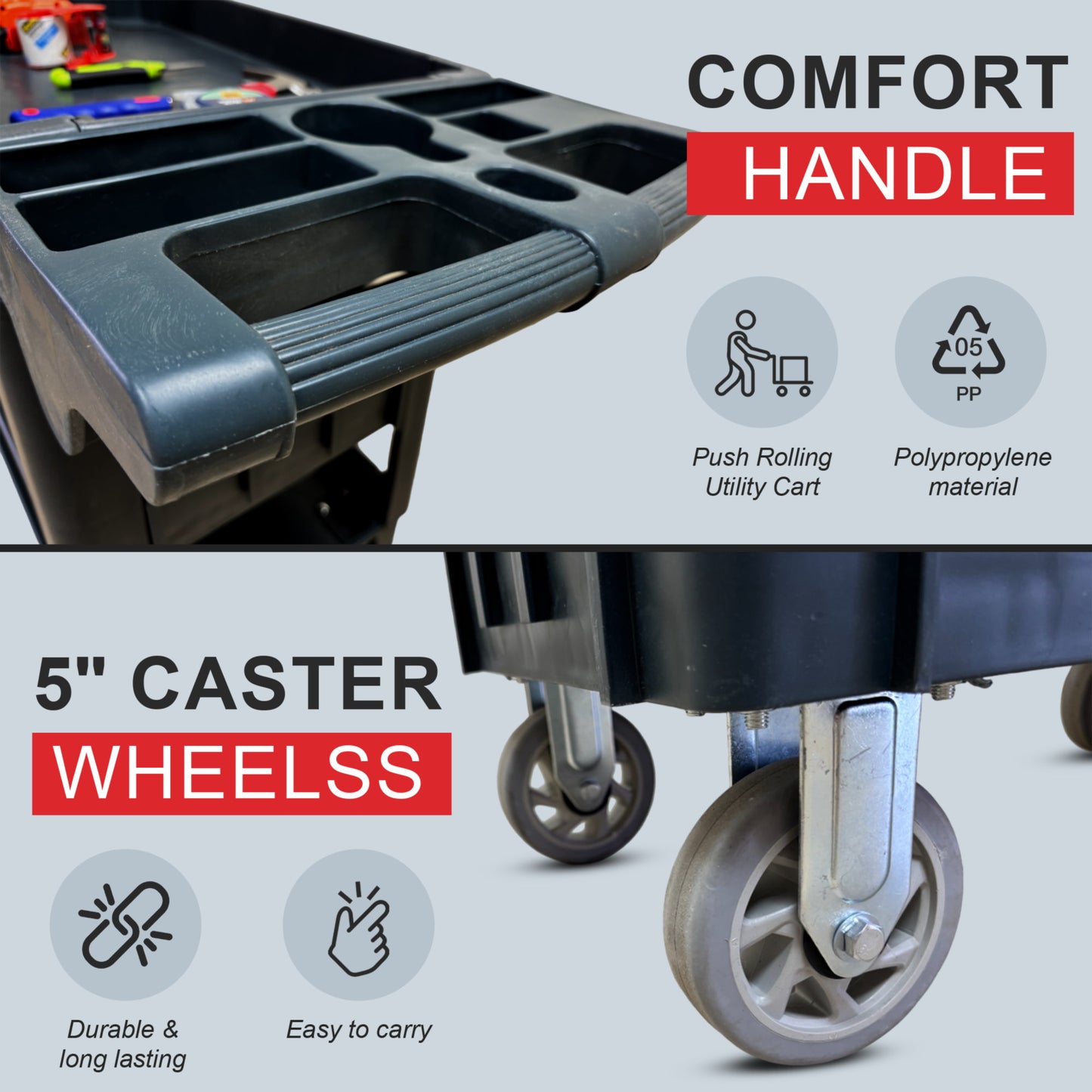 Heavy Duty Rolling Utility Service Cart for Warehouse/Garage/Restaurants/Offices, HDPE Shelves, 5" Caster Wheels