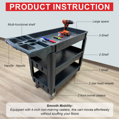 Heavy Duty Rolling Utility Service Cart for Warehouse/Garage/Restaurants/Offices, HDPE Shelves, 5" Caster Wheels