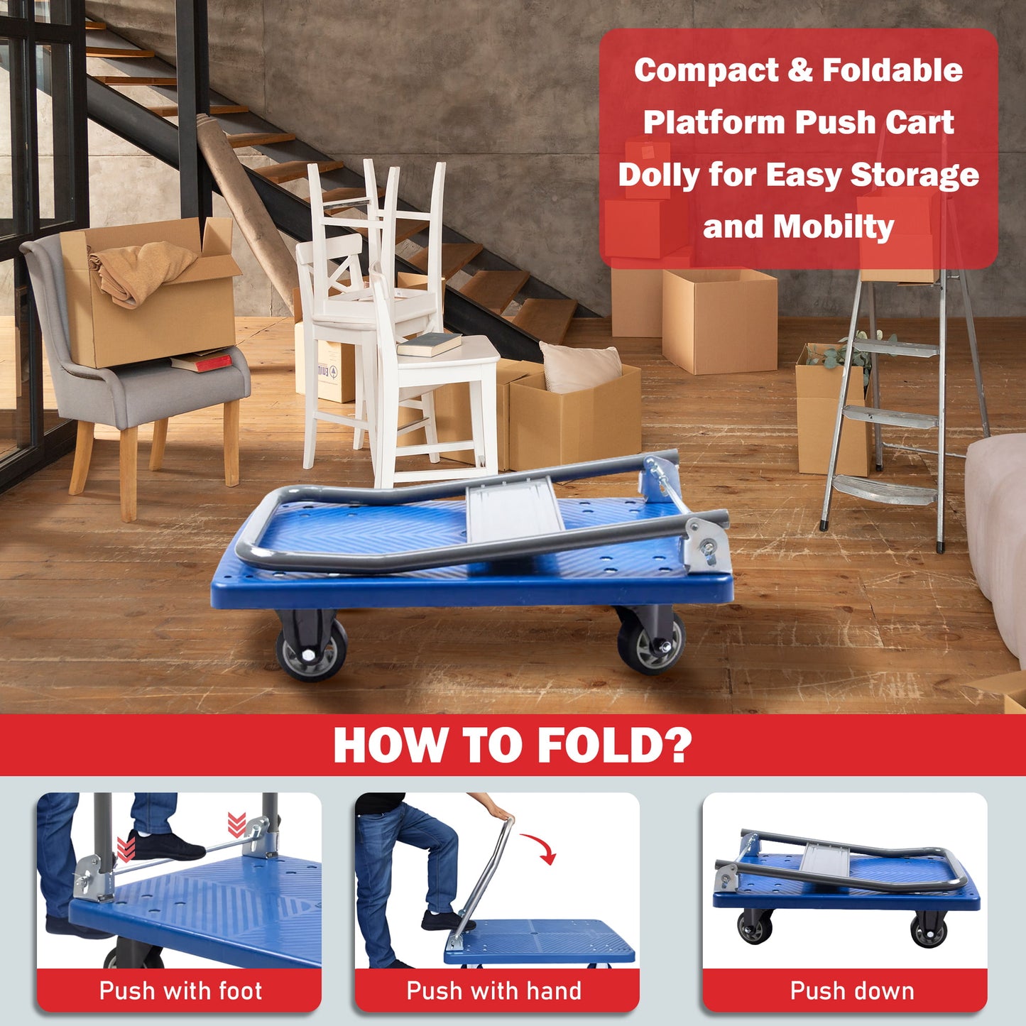 Platform Hand Truck, Push Cart Dolly, Compact & Foldable for Easy Storage and Mobility, 330-660 lb Capacity, 360 Degree Swivel Wheels, Blue