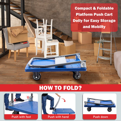 Platform Hand Truck, Push Cart Dolly, Compact & Foldable for Easy Storage and Mobility, 330-660 lb Capacity, 360 Degree Swivel Wheels, Blue