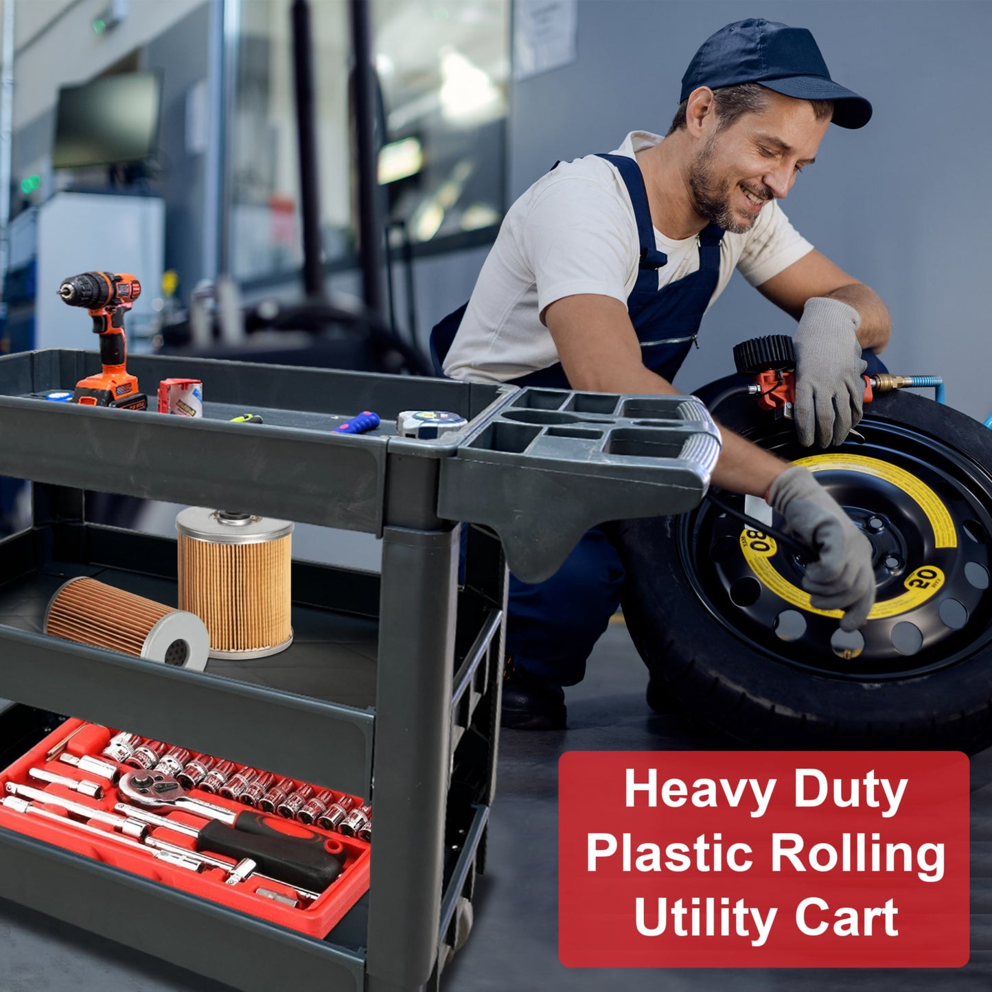 Heavy Duty Rolling Utility Service Cart for Warehouse/Garage/Restaurants/Offices, HDPE Shelves, 5" Caster Wheels