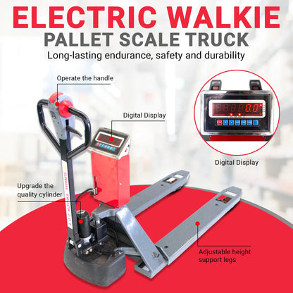 PT4400W Electric Walkie Pallet Scale Truck with Built-in Scale, 4400 lbs Capacity, 27" Width, Electric Brake