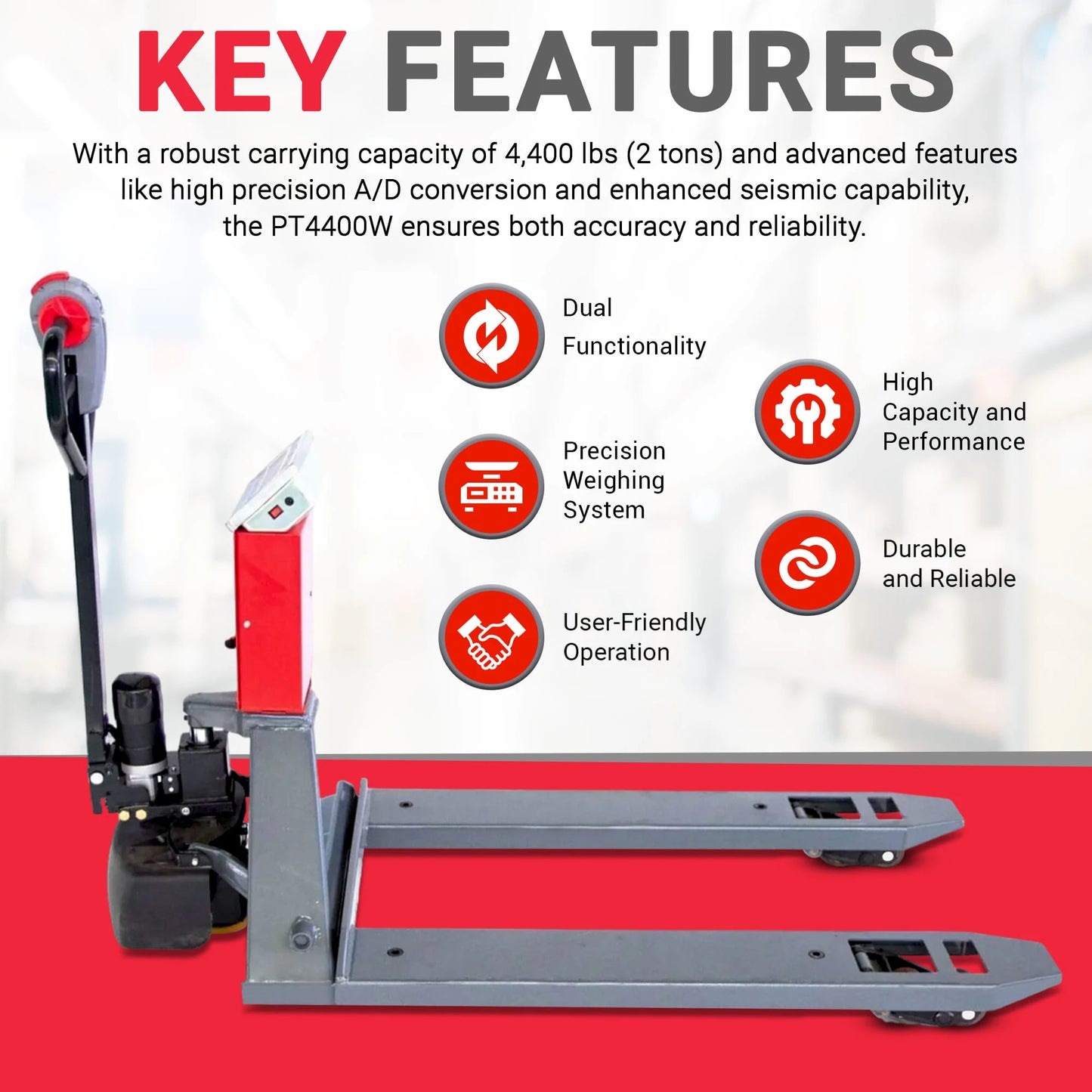 PT4400W Electric Walkie Pallet Scale Truck with Built-in Scale, 4400 lbs Capacity, 27" Width, Electric Brake