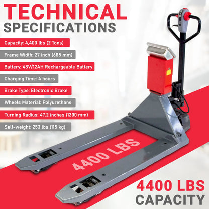 PT4400W Electric Walkie Pallet Scale Truck with Built-in Scale, 4400 lbs Capacity, 27" Width, Electric Brake