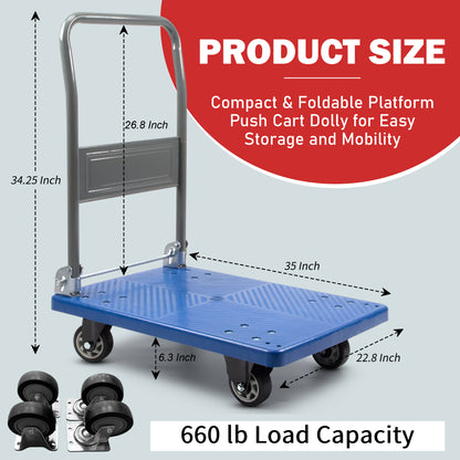 Platform Hand Truck, Push Cart Dolly, Compact & Foldable for Easy Storage and Mobility, 330-660 lb Capacity, 360 Degree Swivel Wheels, Blue