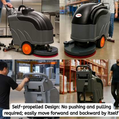Self-propelled floor scrubber machine with 22-inch cleaning width, ergonomic handle, and high-capacity recovery tank for efficient commercial cleaning.