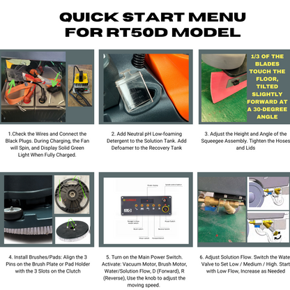 Instructional quick start guide images for RT50D self-propelled floor scrubber showing wiring, detergent addition, squeegee adjustment, brush installation, control panel usage, and solution flow adjustment.