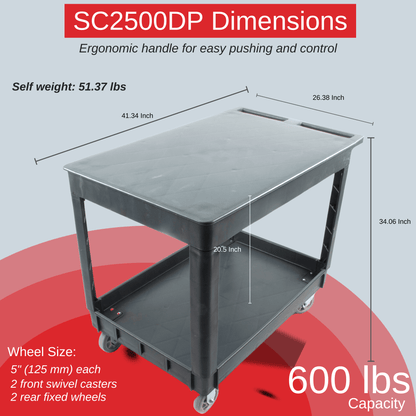SC2500DP Heavy-Duty Utility Cart with Flat Top Shelf – 2-Tier Rolling Service Cart - SUNMAX